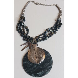Beachy Tribal Boho Gray Bead Medallion Multi Strand‎ Statement Necklace 23 inch